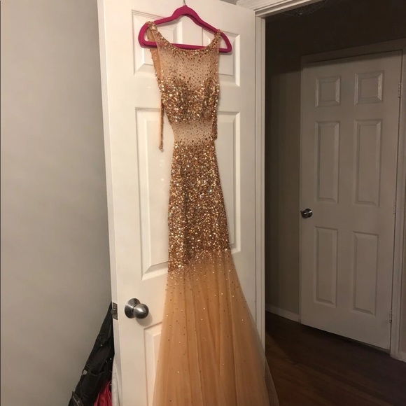 Jovani Gold Crystal Mesh Prom Dress – Size 2 - Picture 1 of 5